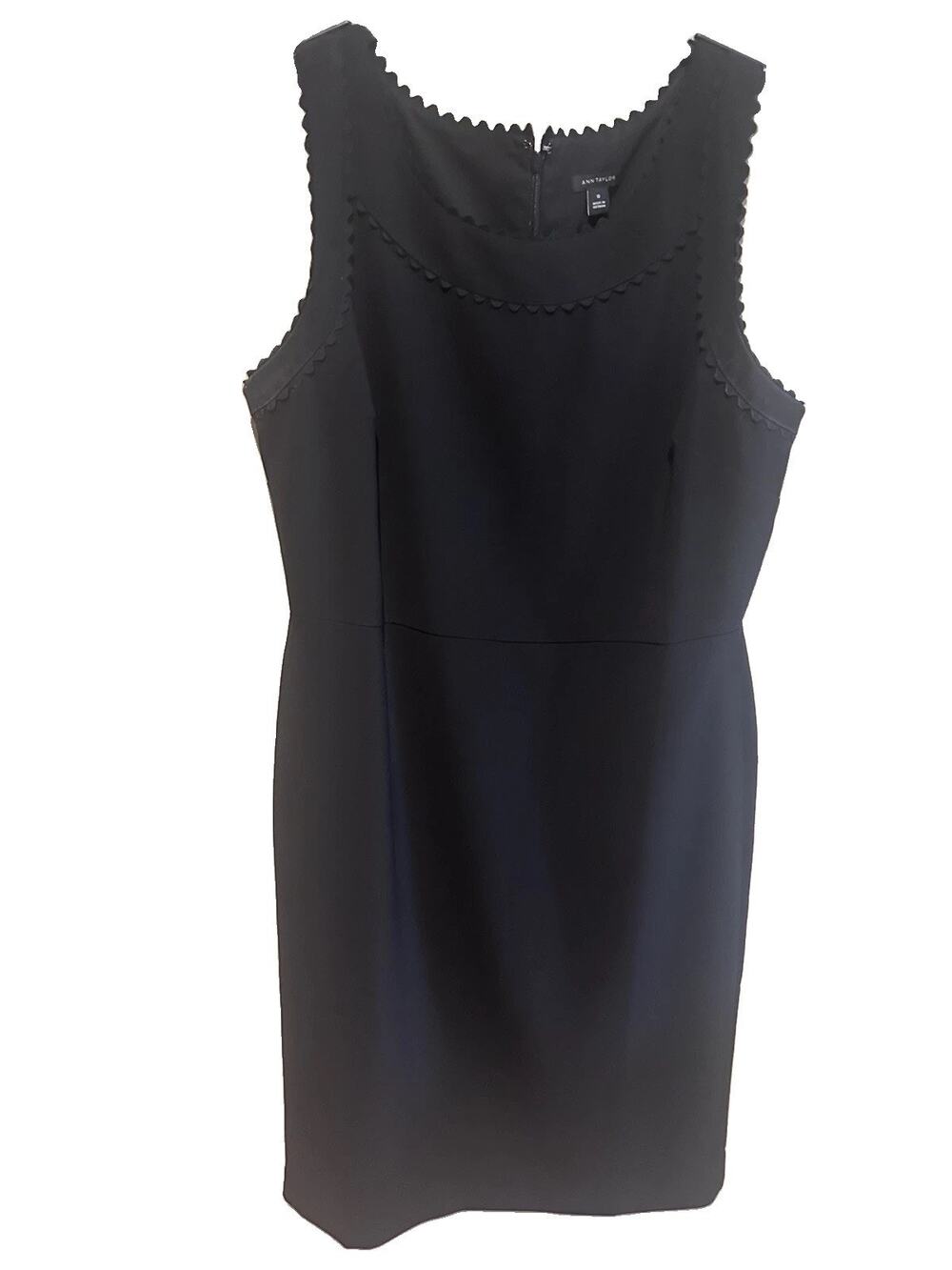 Ann Taylor Black Scalloped Sleeveless Sheath Dress, tailored knee-length